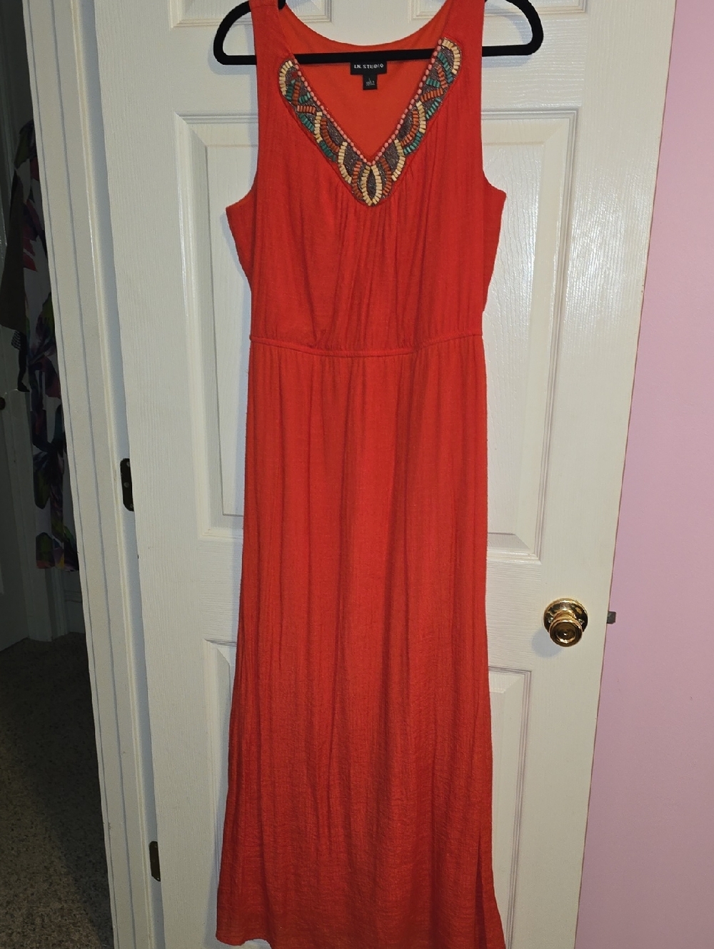 I.N. Studio Coral Maxi Dress with‎ Beaded V-Neck